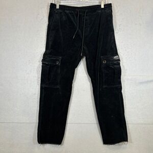 WeSC Pants Mens Medium Black Corduroy Cargo Elastic Waist Raw Hem